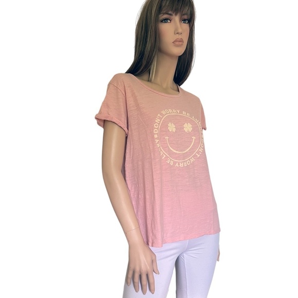 Lucky Brand Don't Worry be Lucky Tee T-Shirt Blush Pink Screen Print 100% Cotton - Picture 3 of 12